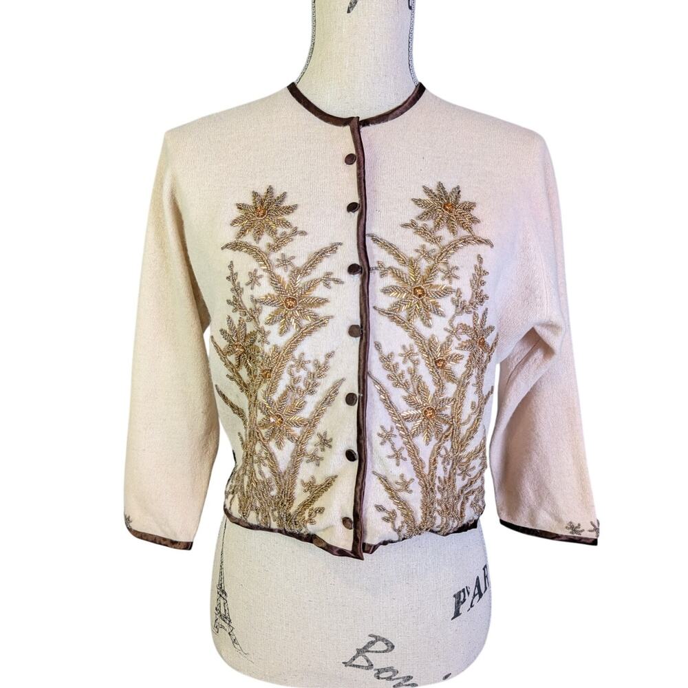 Vintage 50s 60s Angora Cardigan Gold Beaded Cream Cocktail Sweater